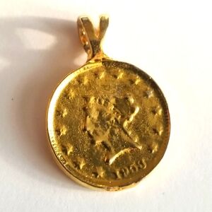 Vintage faux coin pendant gold tone numismatic charm jewelry